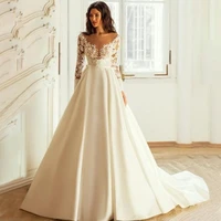 lace backless o neck satin wedding dress hy019 appliques vintage slim gowns 2022 vestidos de novia for women bridal elegant