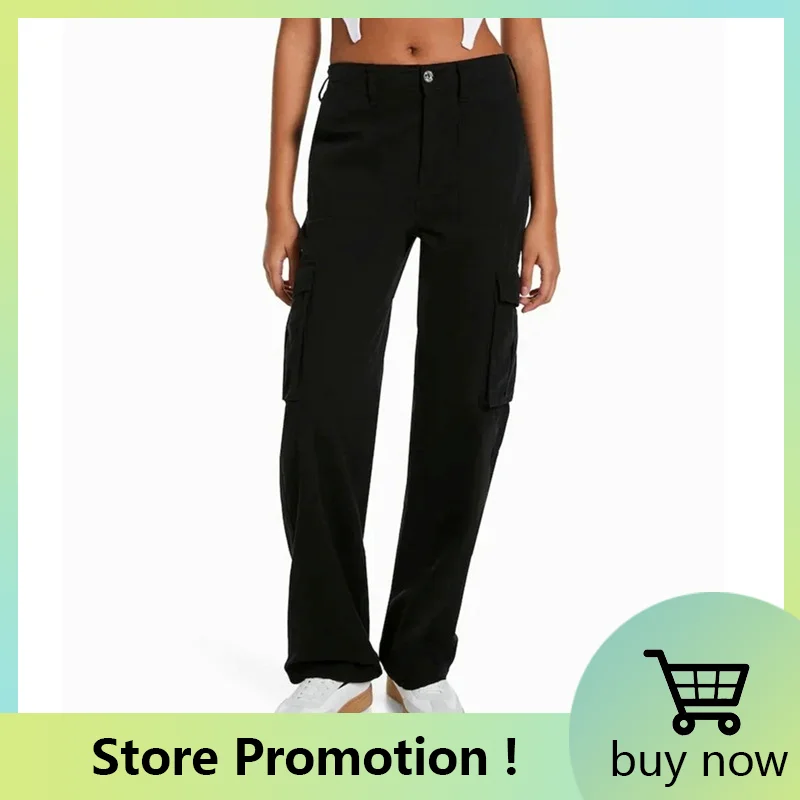 

Summer Womens Vintage Cargo Pants Mid Waist Wide Leg Jeans Baggy Casual Fashion Multiple Pockets Mom Hip Hop Street Style