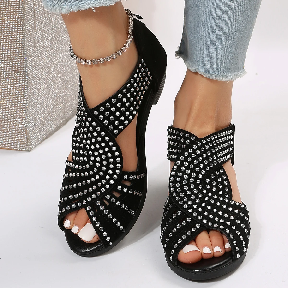 2022 new fashion comfortable dance sandals women's rhinestone zipper crystal indoor shoes women's open-toe shoes