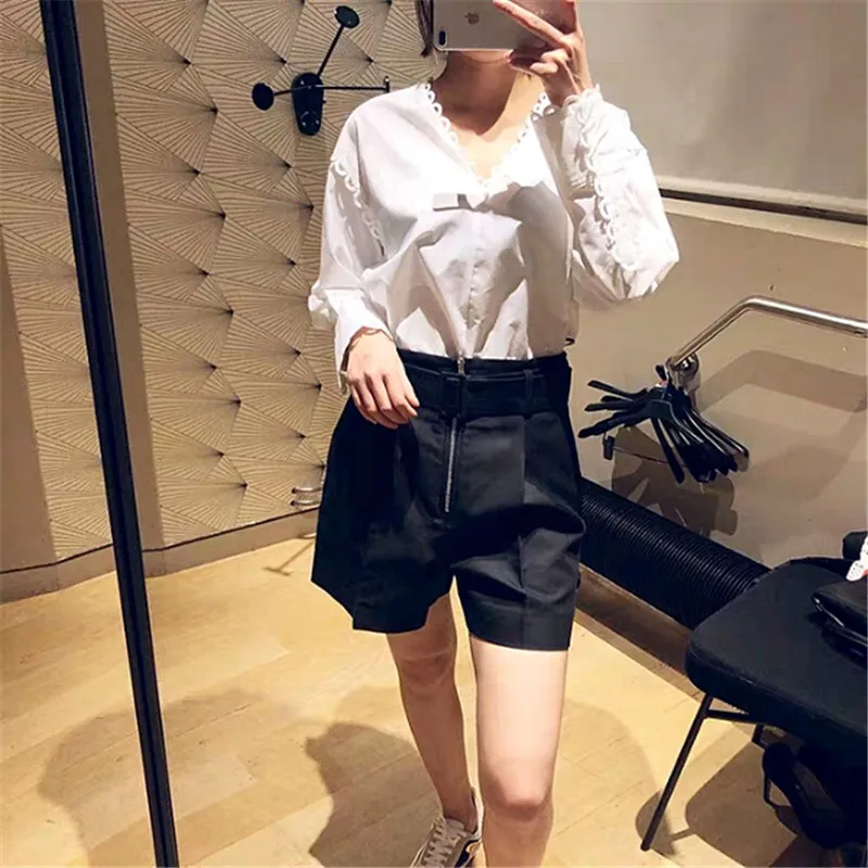 

Sand* Women White Lace Shirt Long Sleeve Vintage Elegant Casual V Neck Blouses French Brand Patchwork Fashion Office Lady Blouse