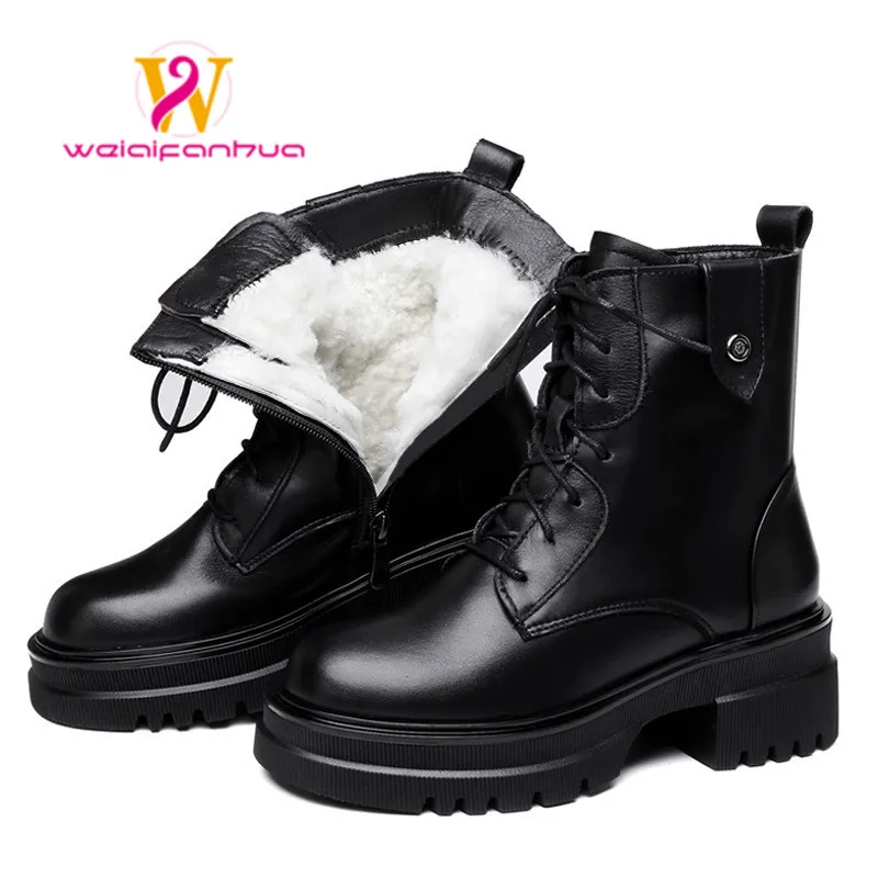 

Snow Boots Women's Genuine Leather2023woolinside Winter Fur Integrated New Platform Marton Boots Large Size Mid-heel Boots Women