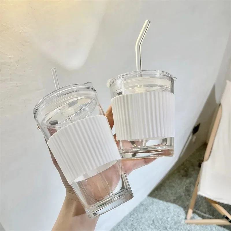 

350/450ml Transparent Glasses Coffee Mug With Lid Straw Heat-Resistant Tea Cup Water Cup Drinkware Milk Juice Tumbler Couple Cup