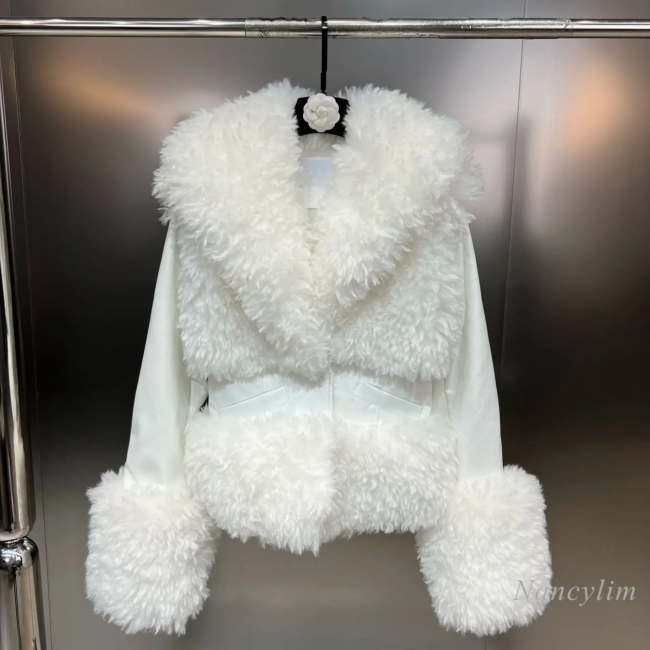 2022 Winter Pure White Artificial Lamb Fur Collar Jacket Long Sleeve Waist Slimming PU Leather Cotton-Padded Coat Short Warm