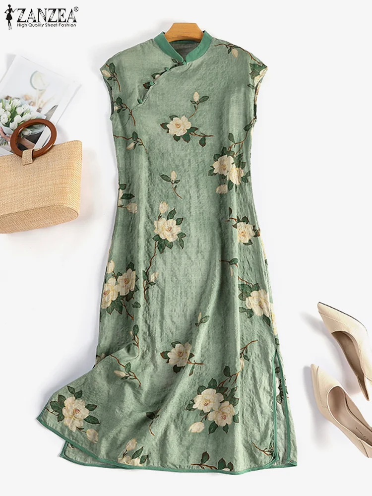 

Женские повседневные платья-миди в китайском стиле с цветочным принтом и разрезом сбоку