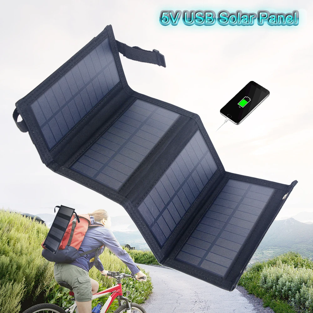 Panel Solar plegable de 20W para exteriores, Panel de energía con USB de 5V, células de Banco de energía, resistente al agua, cargador para Camping y senderismo