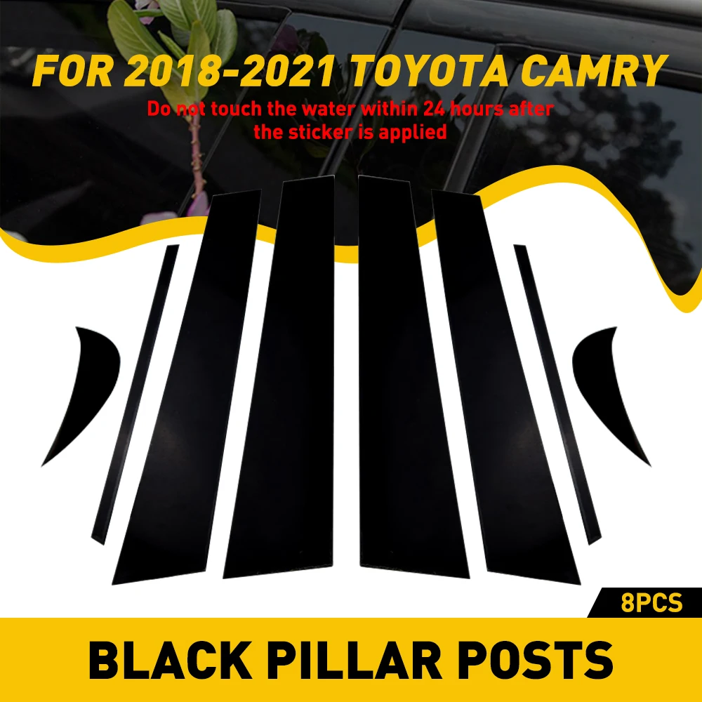 

8pcs Auto Black Mirror Window Pillar Posts Set Cover Door Trim For Toyota Camry 2018 2019 2020 2021 Sticker Accessories Styling