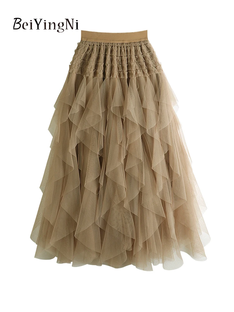 

Beiyingni корейские асимметричные длинные плиссированные юбки для женщин с рюшами шикарные элегантные трапециевидные юбки-пачки Макси женские роскошные юбки