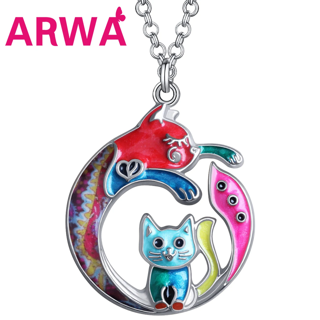 

Arwa Enamel Alloy Floral Round Shape Adorable Cat Kitten Necklace Pets Pendant Chain Fashion Jewelry for Women Girls Charm Gifts