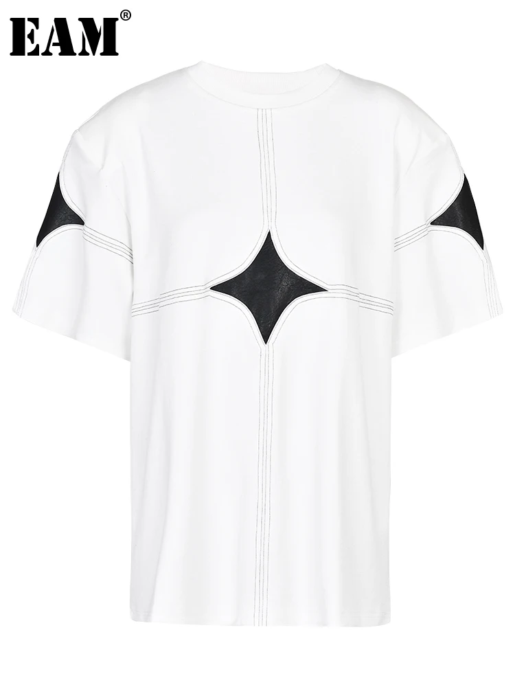 

[EAM] Women White black Color-block Big Size Casual T-shirt New Round Neck Short Sleeve Fashion Tide Spring Autumn 2023 1DF8693