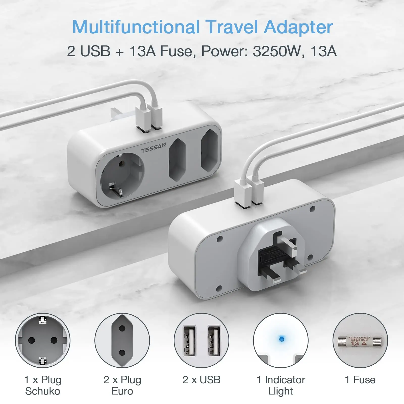 

TESSAN Europe to England Travel Adapter with 3 Socket & 2 USB Ports (2.4A), 5 in 1 Wall USB Charger with UK Plugs (Type G)