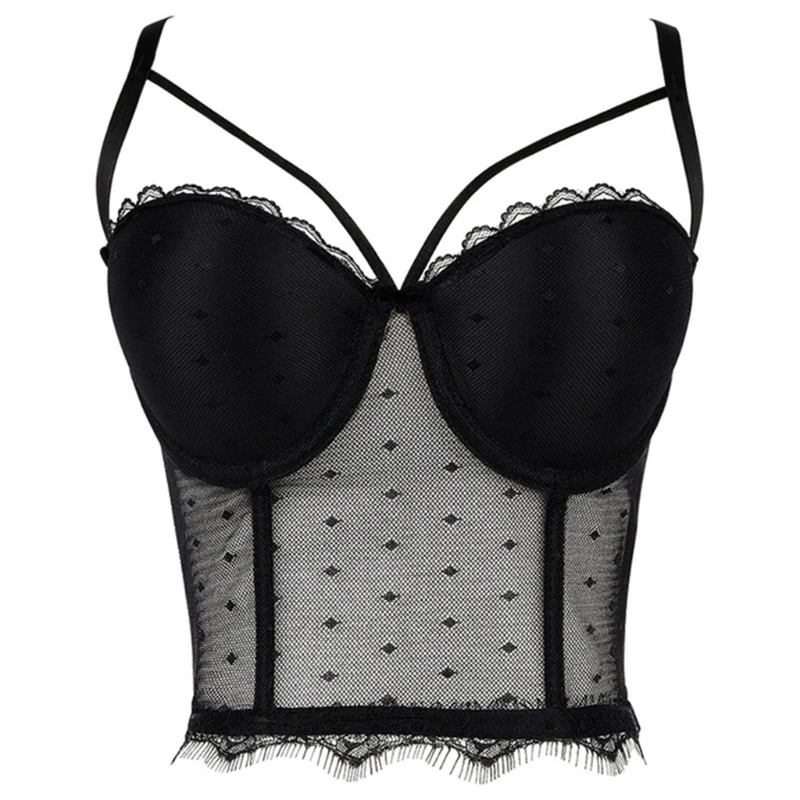 

Women Sexy Spaghetti Strap Bustier Bra Sheer Polka Dot Mesh Eyelash Lace Trim Camisole Vest Club Party Boned Hem Slimming Corset
