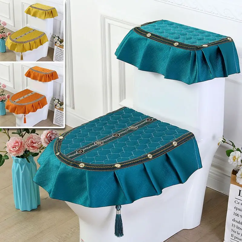 

New 3 Piece Set Toilet Seat Cover Fabric Lace Toilet Seat Zipper Type Household Four Season Reversible Toilet Cover