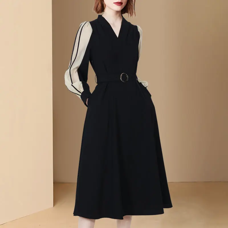 

Женское свободное платье контрастных цветов, Элегантное Длинное Платье-трапеция с V-образным вырезом и прострочкой, весна-осень 2023