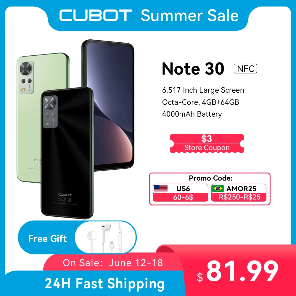 Cubot Note 30, Android Smartphone, Octa-core, 4GB+64GB(256GB Extended), 6.517-Inch Screen, 4000mAh,20MP,Dual SIM 4G Mobile Phone