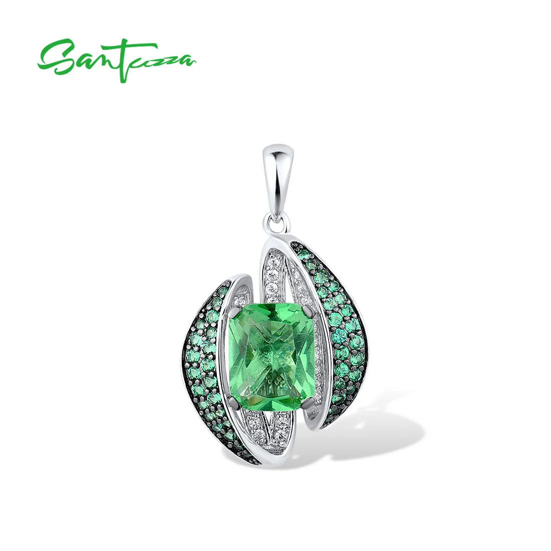 

SANTUZZA 925 Sterling Silver Solitaire Pendant For Women Sparkling Green Glass/ Spinel White CZ Trendy Fine Gorgeous Jewelry