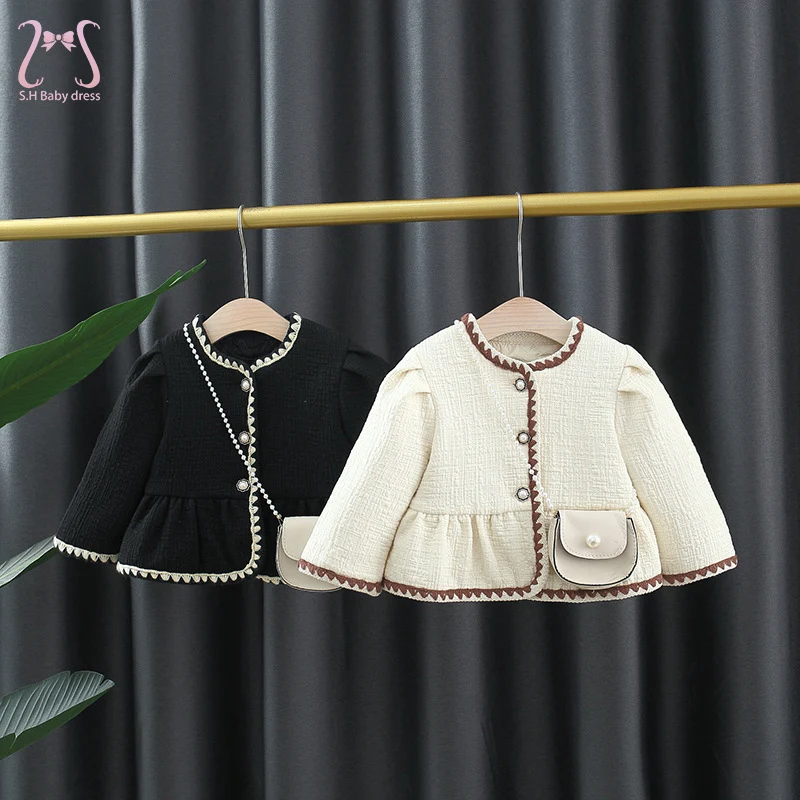 

2Pcs/Set Children Coat Autumn Round Neck Long Sleeve Baby Girl Jackets Korean Style Toddler Party Wear Infant Kids Costume + Bag