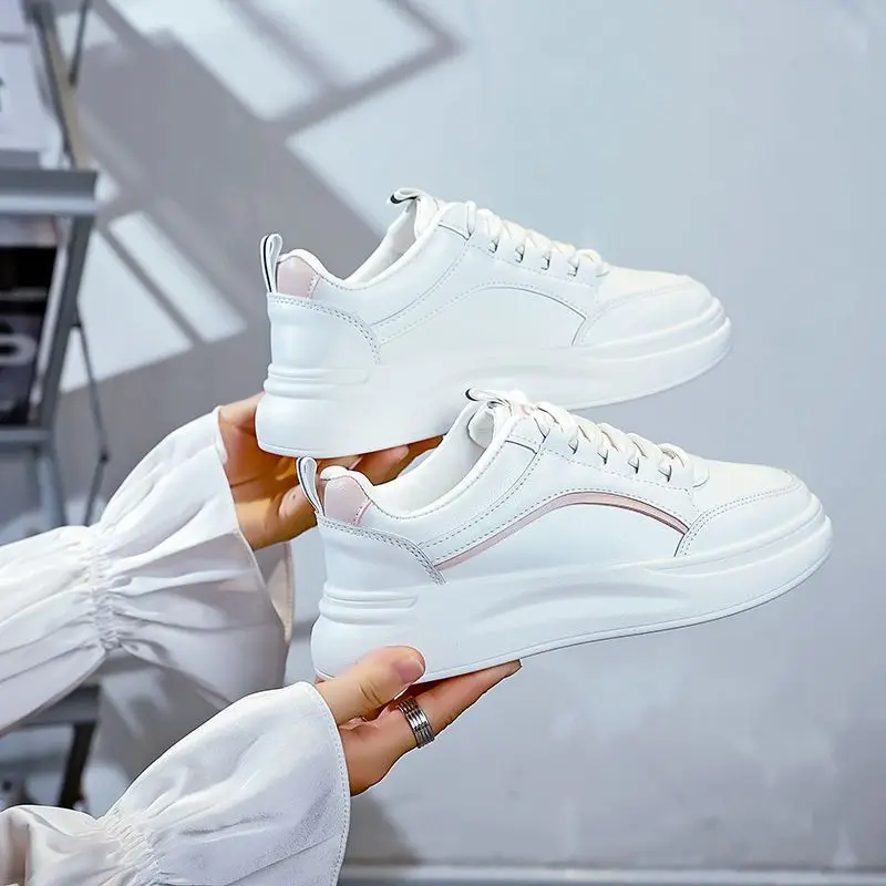 Small White Shoes Women Versatile Student Board Shoe Casual Fashion Lace Up Thick Soled Sneakers Wear Resistant Slip Resistant