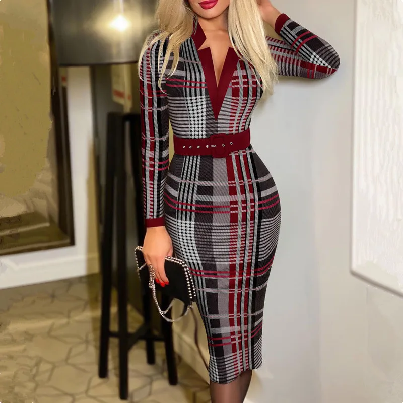 

Women Chic Plaid Print V Neck Long Sleeve Belted Work Dress 2022 Spring Autumn Elegant Midi Robe Office Lady Pencil Dress
