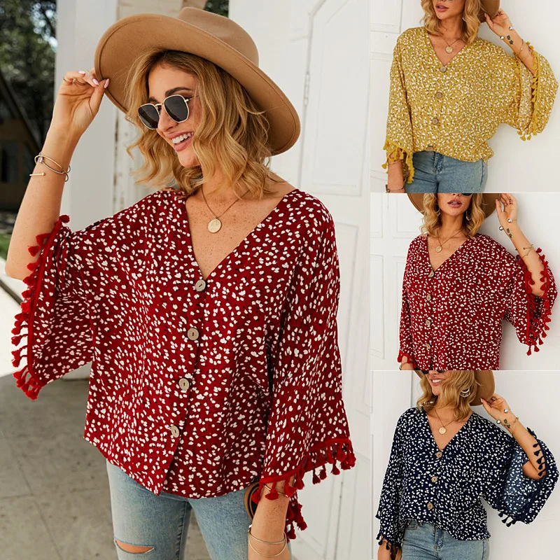 

Women's Floral Shirt V-neck Collar Tassel Three Quarter Sleeved Summer Blouse