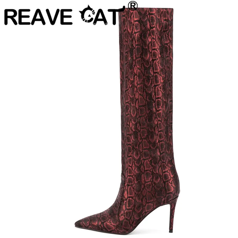 

REAVE CAT Fashion Women Shoes Boots Pointed Toe Thin Heels 9.5cm Snake Strip Slip-on Short Fur Big Size 34-43 Party Dating S4144