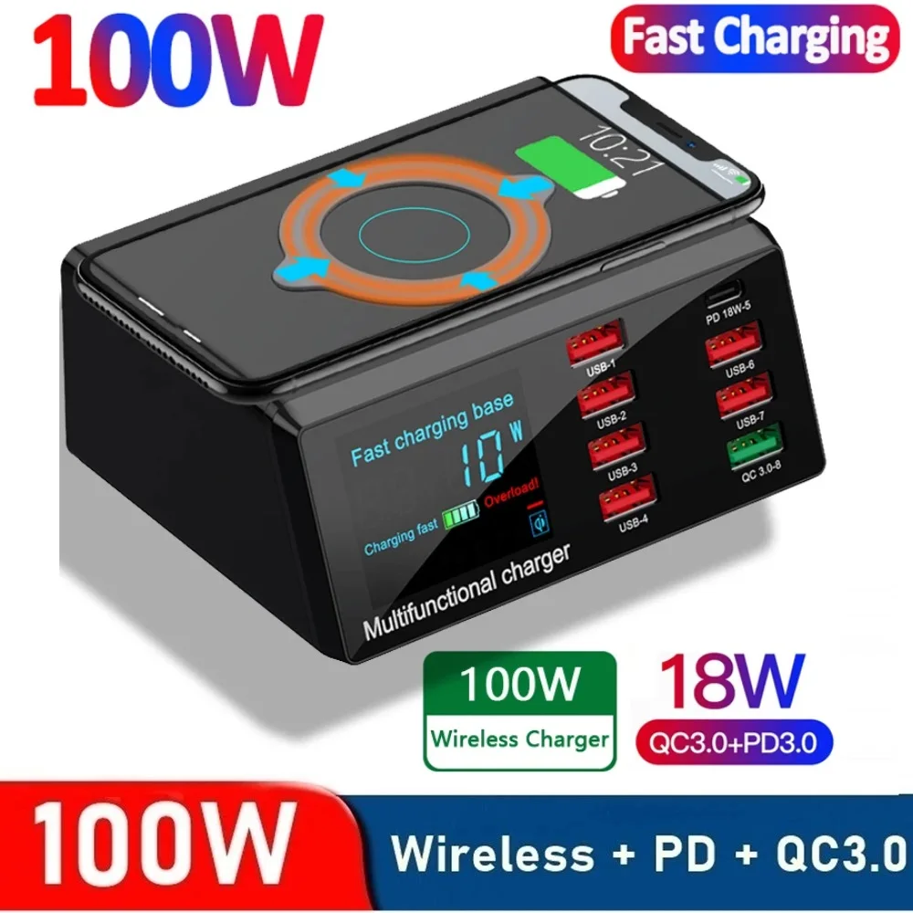 

100W Wireless USB PD Charger Dock 18W Type c QC3.0 Fast Charger Station Smart LED Display 8 Ports USB for Samsung Huawei iPhone