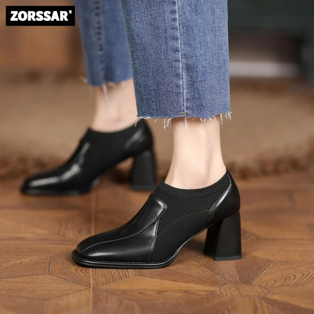 

New Designers Original Top Quality Women Pumps Pointed Toe Thick Heels Dress Shoes Cow Leather Wedding Shoes Feminimo Size 34-43