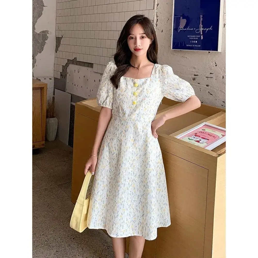 

Vintage Silm Long Dress Women 2023 New Summer Elegant Casual Square Collar Short Sleeve Flower Printed A Line Vestidos N29