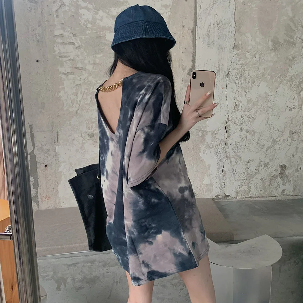 

Футболка женская с открытой спиной и коротким рукавом, модный топ оверсайз с завязкой, Повседневная модная уличная одежда для девушек, на лето