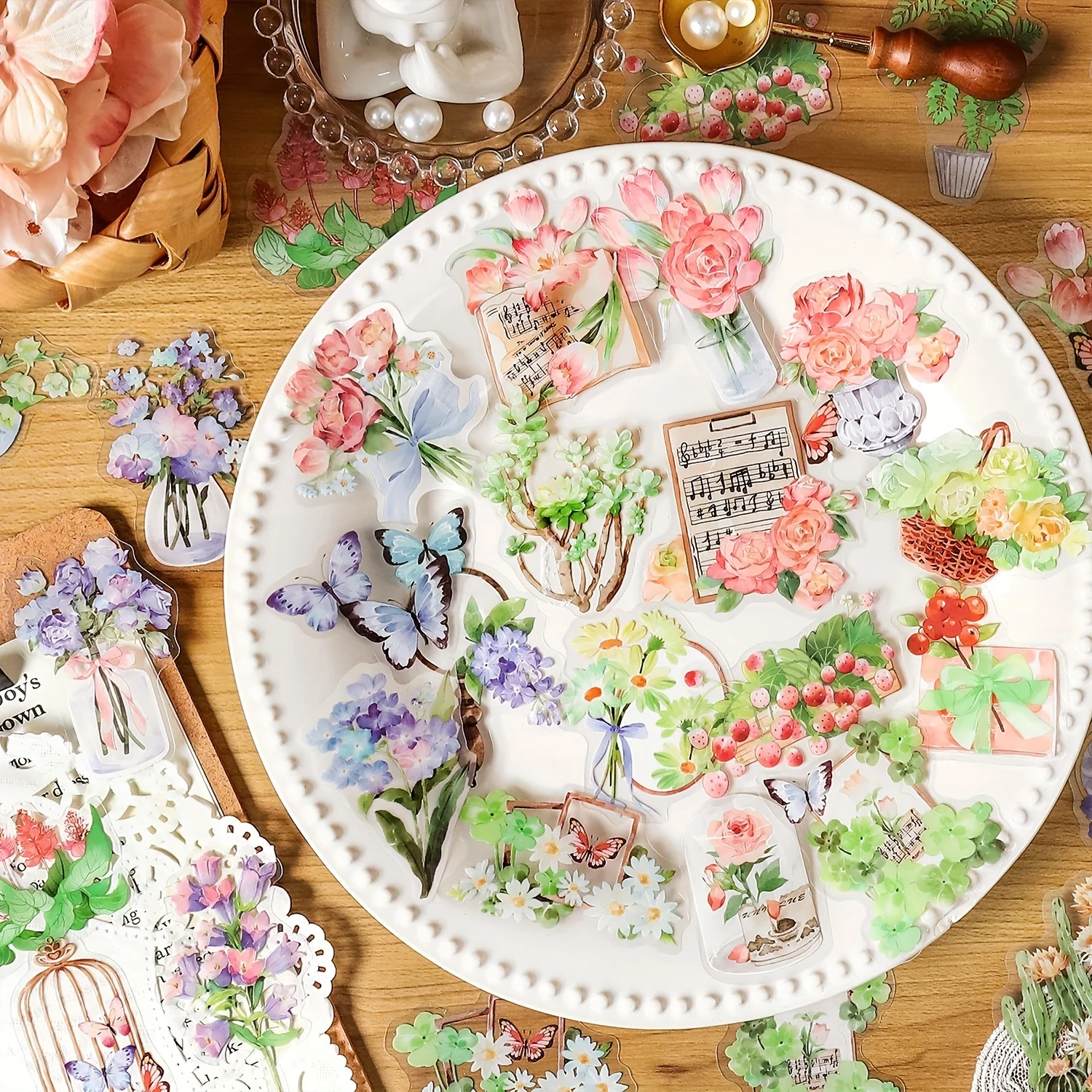 

MOHAMM 30 Sheets Retro Plant Flower PET Stickers for Scrapbooking DIY Decorative Material Collage Journaling