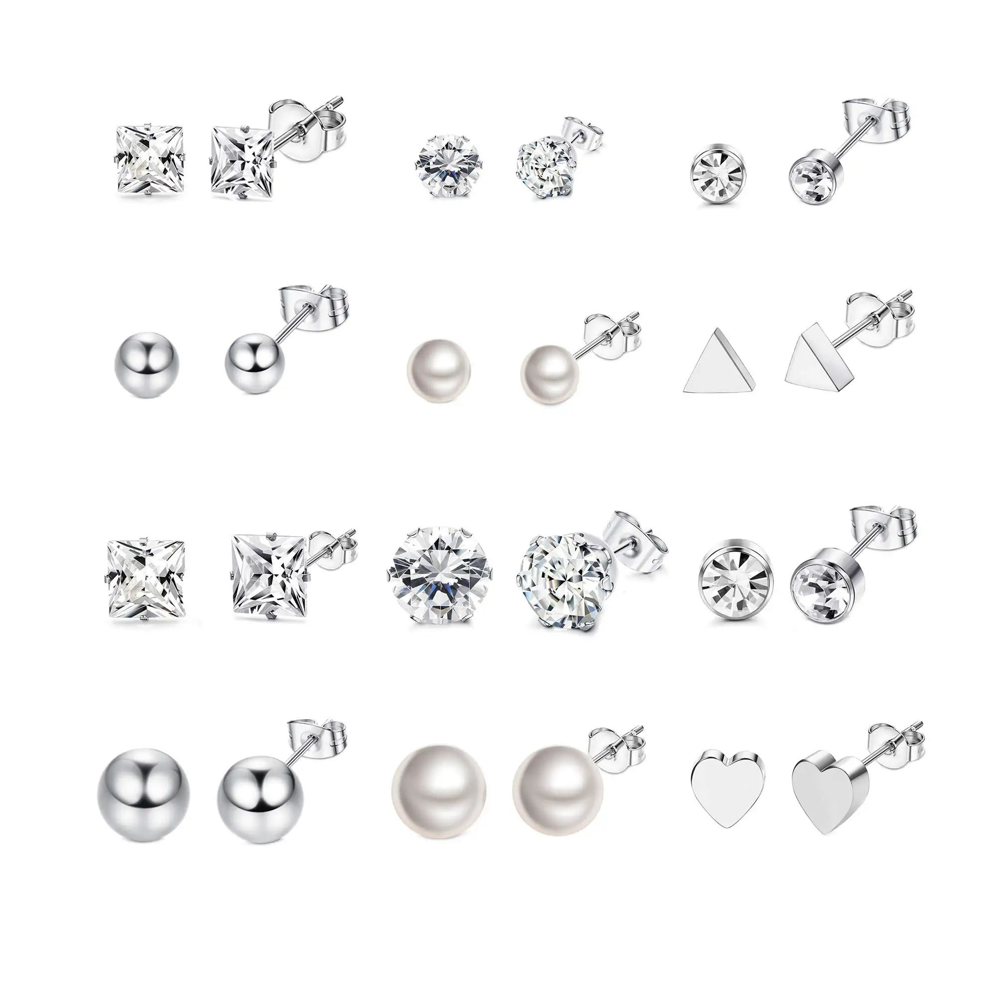 

1-12 Pairs Surgical Stainless Steel Stud Earrings Set Earring Ball Triangle Heart CZ Earring For Women Girls