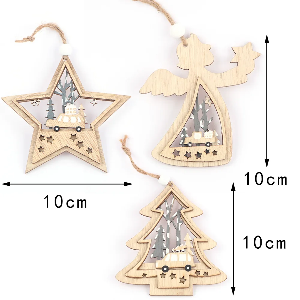 

New 3PCS Carved Wooden Christmas Decorations Pentagram Angel Wood Chips Creative DIY Christmas Tree With Rope Pendant