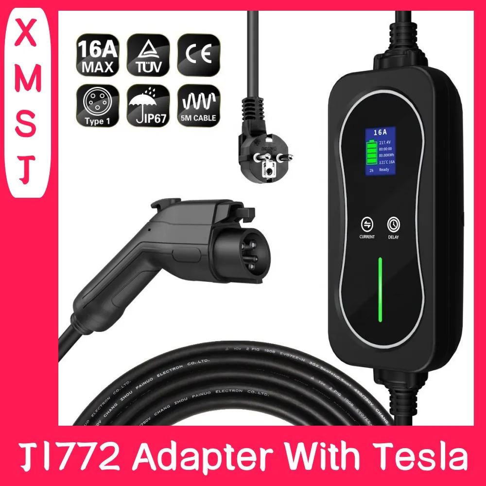 

Shuko Plug 16A Type2 Portable Charger box SAE J1772 Level 2 EV Charger EU