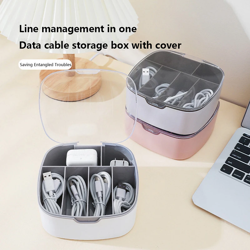 

Dust-proof Wire Cable Holder Box Office Drawer USB Storage Box with Lid Headphone Charging Cable Organizer Bin Grid Storage Case