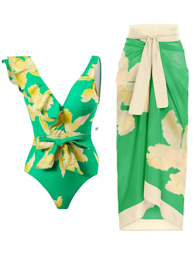 Swimwear Bodysuit Bikini Sets Women Bodysuit And Skirt Bathing Suit Fashion New Print Patchwork Beach Holiday Cover Ups Outfits