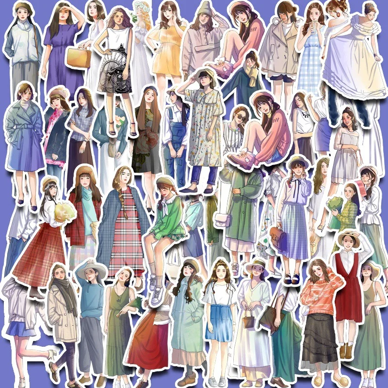 

50Pcs Four Seasons Dress Girls Decorative Stickers Cute Fashion Characters Sticker Scrapbooking Label Diary Art Journal Planner