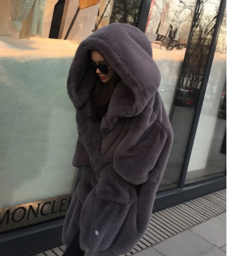 ICCLEK 2018 autumn and winter new Gigi the same imitation Rex rabbit hair thickened long hooded fur coat fur coat women