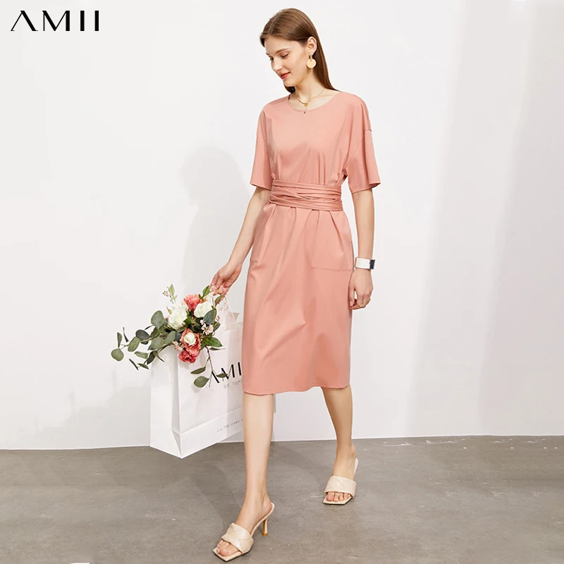 

Amii Minimalism Women's Summer Dress Offical Lady Solid 100%cotton Oneck Aline Women's Shirt Dress Causal Women's Dress 12140563