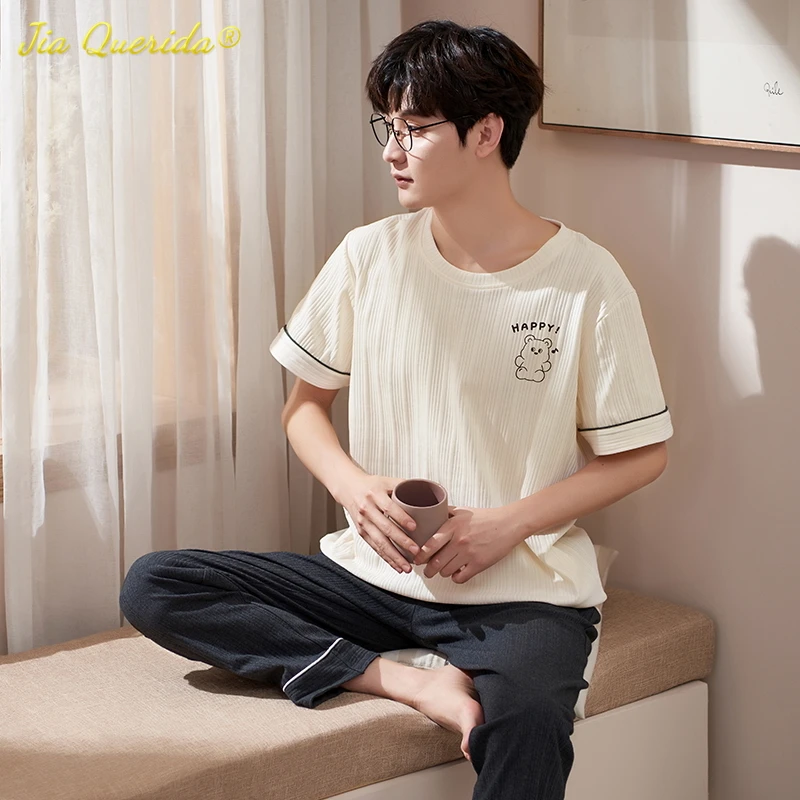

2022 New Autumn Pajamas Bear Cartoon Printing Pijamas for Youth Boy Fashion Soft Cotton Loose Sleepwear Round Collar Homewear