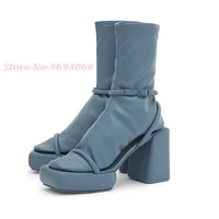 platform stretch leather sandals women summer buckle strap blue chunky heels sandals comfortable casual 2022 womens sandals