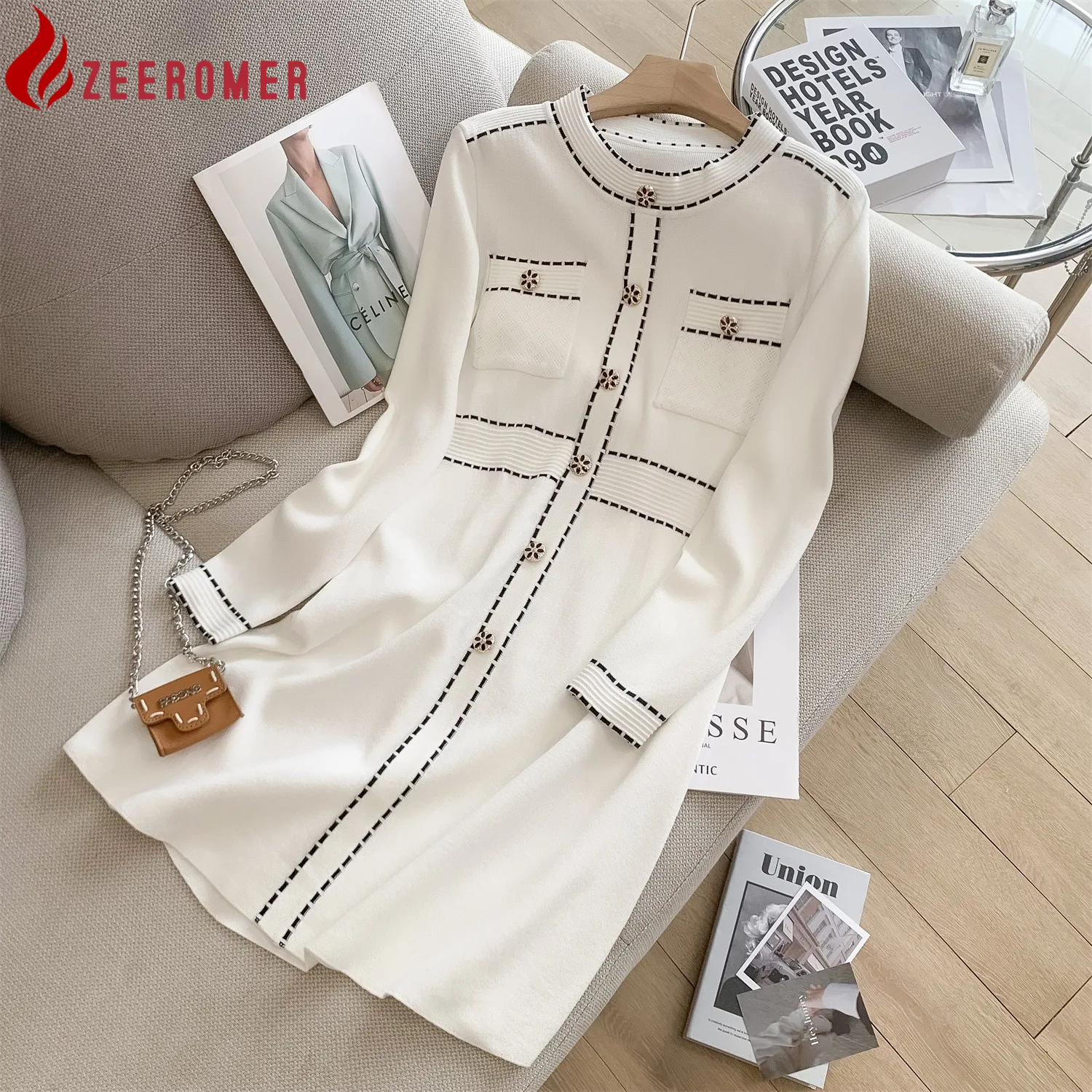 

Женское трикотажное платье-свитер, Элегантное однобортное Повседневное платье-трапеция с круглым вырезом и длинными рукавами, осень 2022