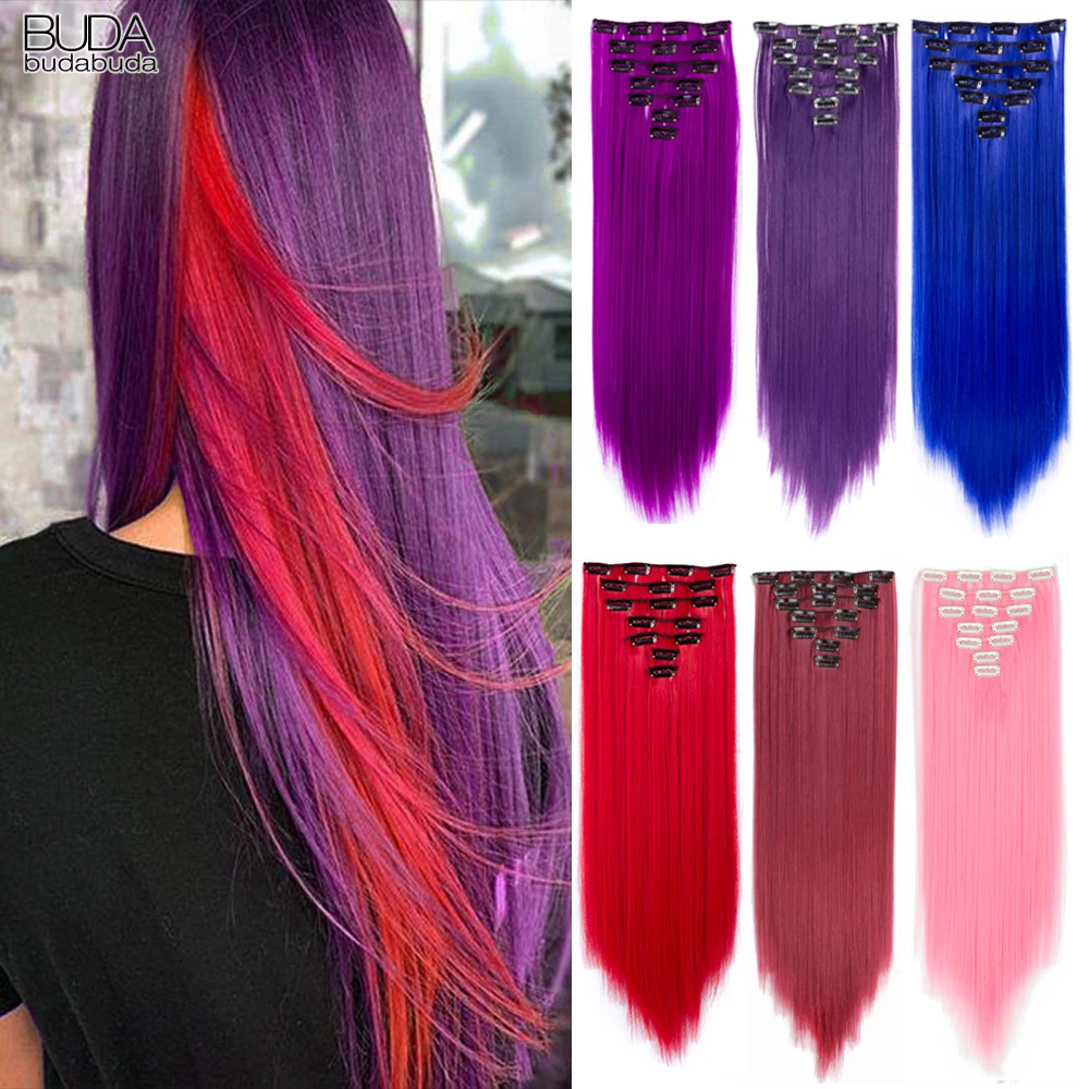 

22Inch Synthetic Hair Long Straight Hair 7pcs/Set 16 Clips Ombre Blonde Red Hairpieces Clip In Hair Extensions For White Women