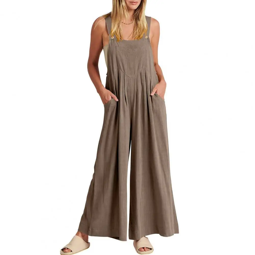 

Women Jumpsuit Suspender Sleeveless Pockets Wide Leg Linen Solid Pockets Jumpsuit Overalls Wide Leg Cropped Pants
