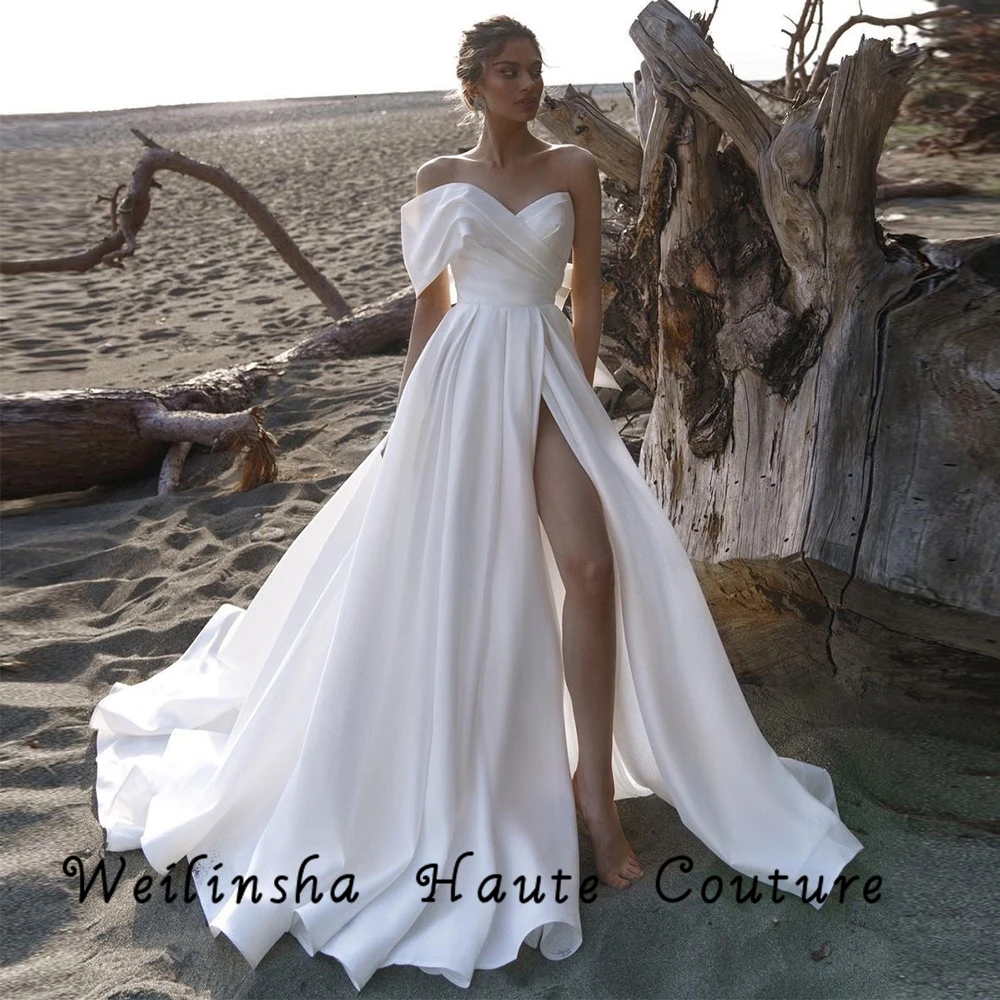 

Weilinsha High Slit Wedding Dresses for Women Pleat One Shoulder Satin Bridal Gowns 2022 New Arrived Robe De Mariée Zipper Back