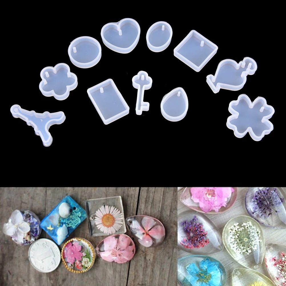 

12Pc Key Waterdrop Tower Heart Flower Shapes Silicone Moulds Gem Charm Pendant DIY Molds Jewelry Making Tools With Hanging Hole