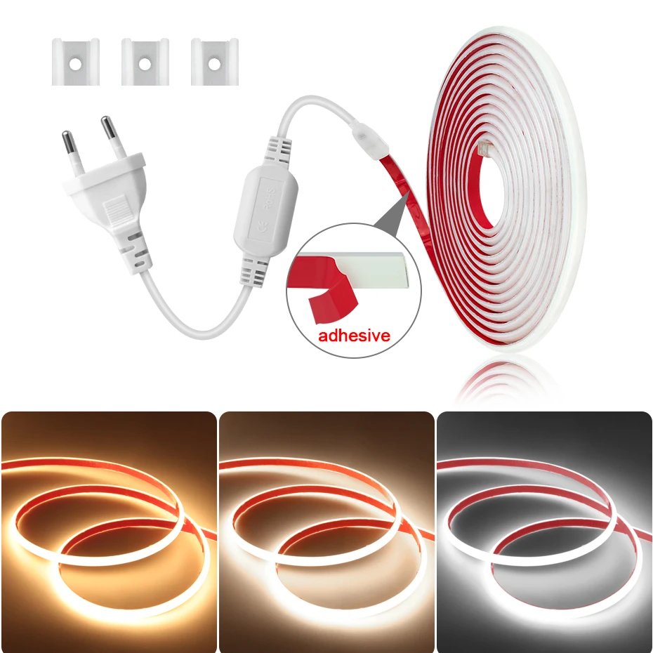 220V Flexible COB Strip Light Adhesive Tape 288LEDs/m EU Power Plug  Led Ribbon IP65 Waterproof Led strip for Home Decor