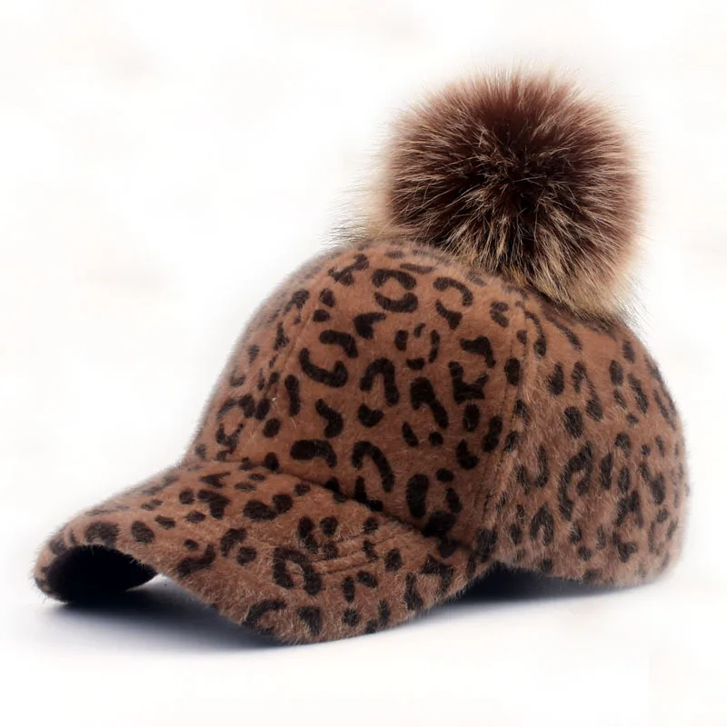

Leopard Print Baseball Caps Winter Hat For Women Faux Fur Pompom Ball Cap Children Casual Snapback Hat
