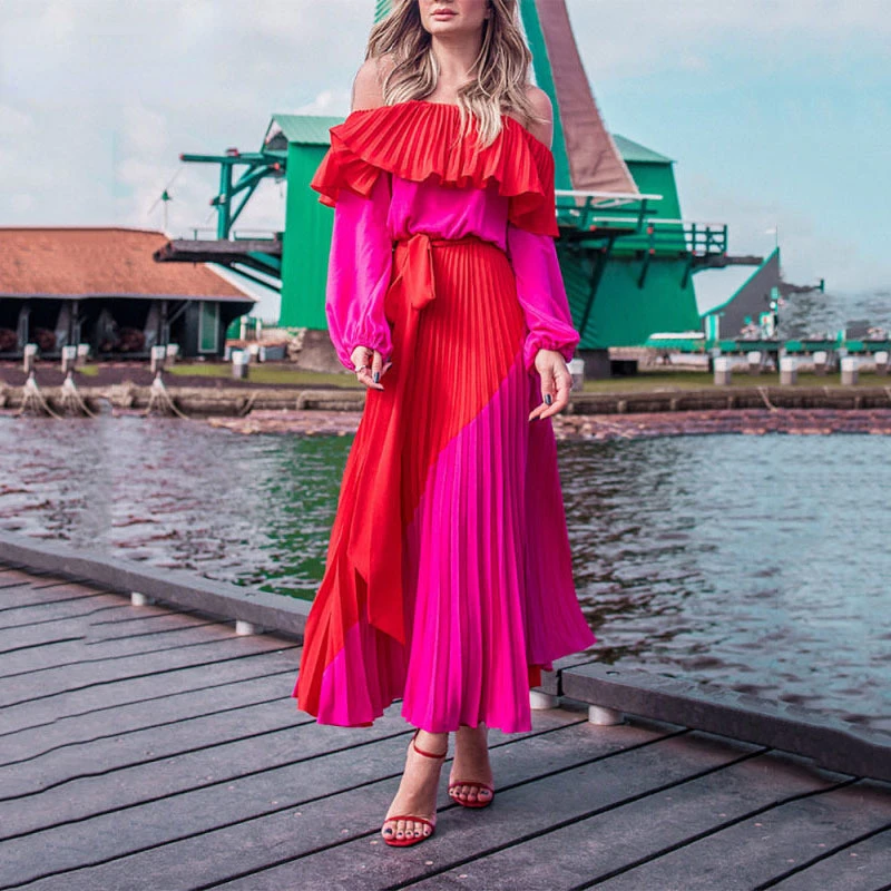 

Robe Longue Hit Color Pleated Ruffed Dress Woman Sleeve Sashes Slim Slash Neck Casual Style Party Dresses Summer Fashion Kleid
