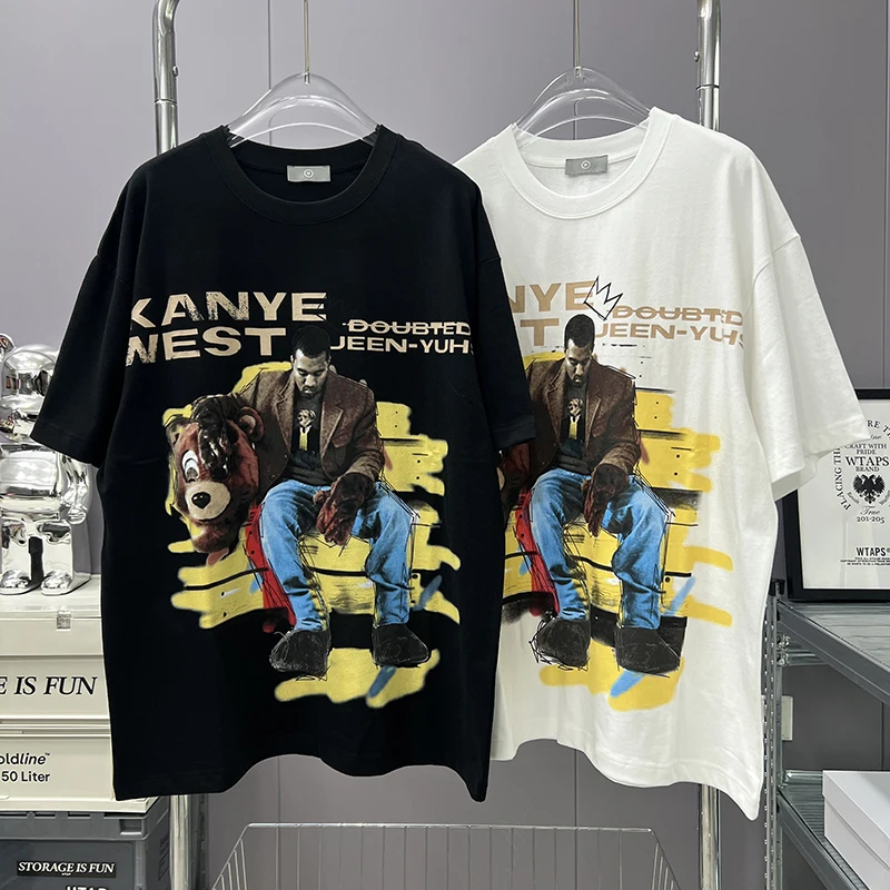 

2023ss Kanye Bear Letter Print T-Shirt Men Women Vintage Oversized T Shirt Digital Printing Tops Tee