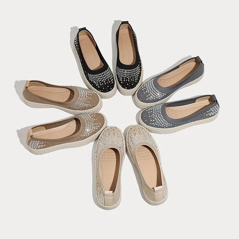 

Womens Stretch Knitted Rhinestone Breathable Flat Platform Casual Fisherman's Shoes Slip-on Fashion Ladies Flats Driving Loafers