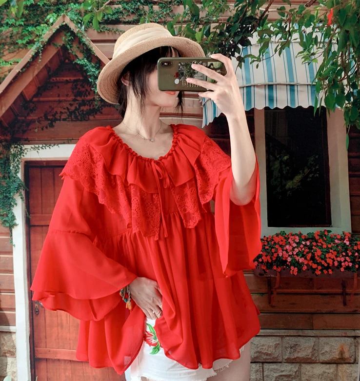 Летняя Праздничная красная рубашка в богемном стиле с оборками и расклешенными